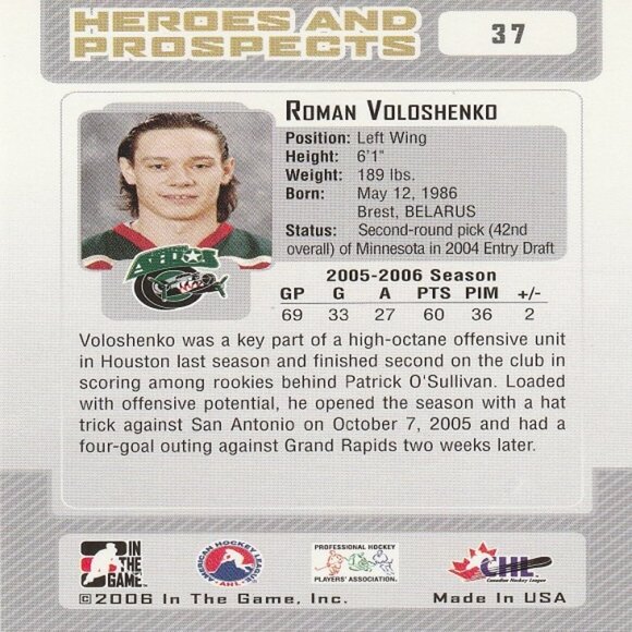 Roman Voloshenko - 2006 ITG Heroes & Prospects Hockey Card - Picture 2 of 2